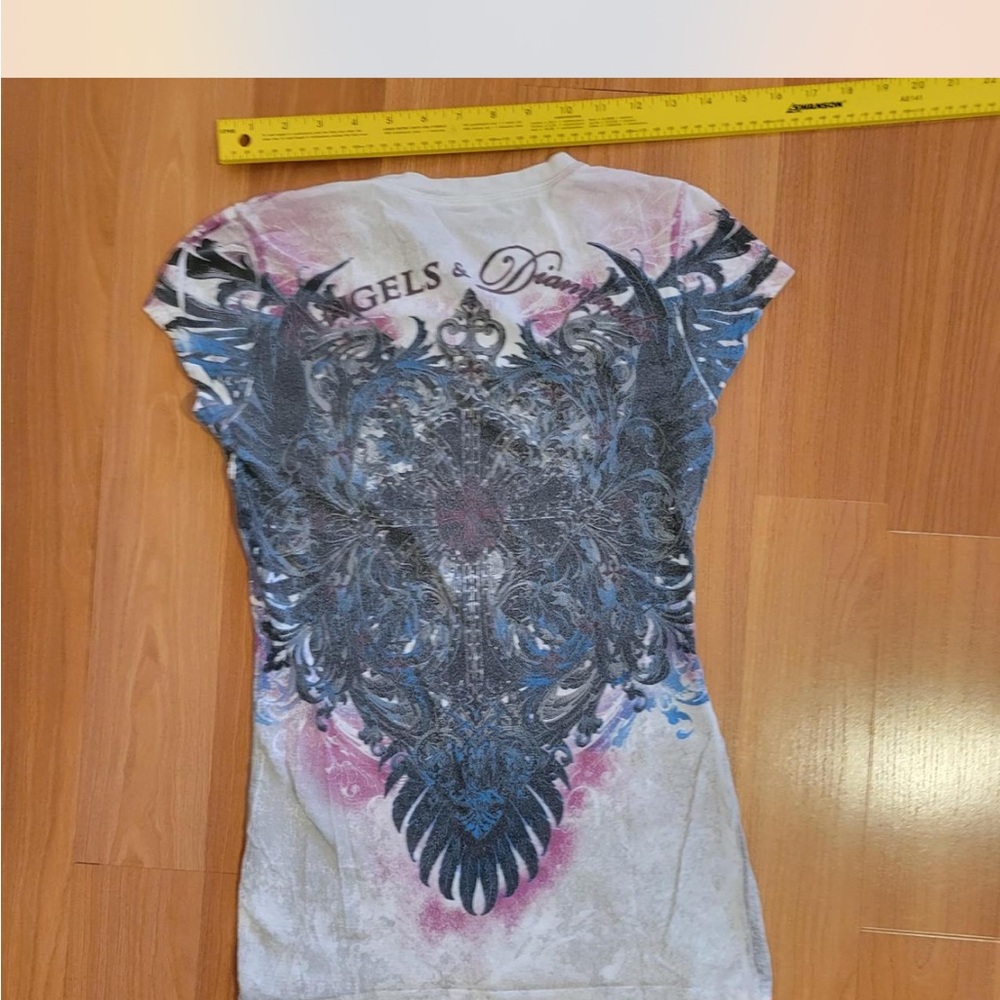 Angel and diamonds t shirt small white pink blue